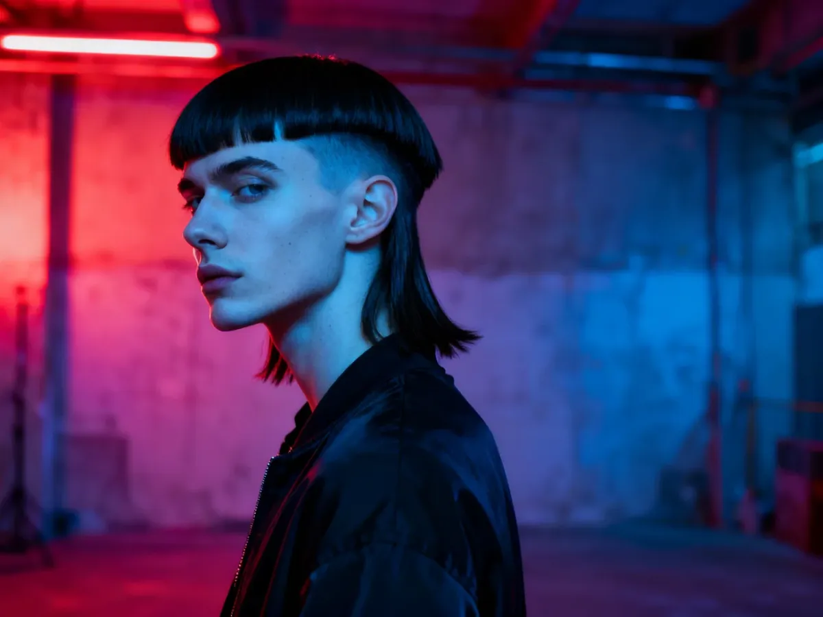 Model z nowoczesną fryzurą mullet podczas sesji modowej