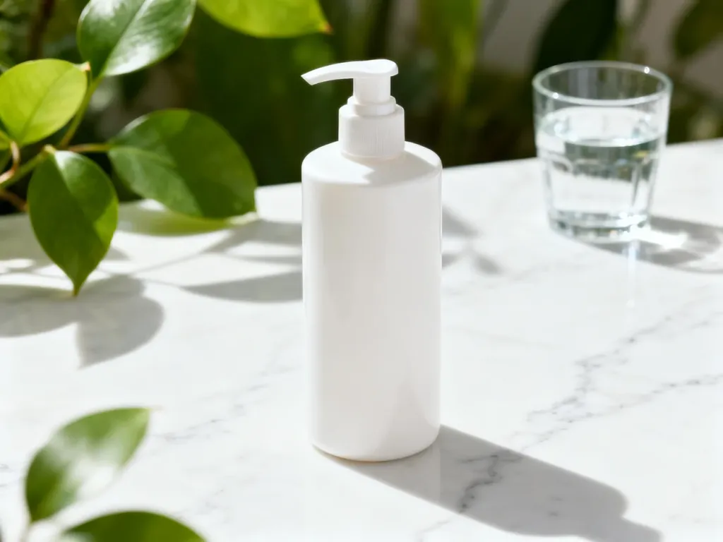 Elegancka butelka odżywki Biotebal na marmurowym blacie w otoczeniu zielonych liści, podkreślająca naturalny skład produktu.