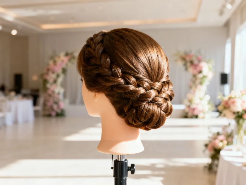 Eleganckie, upięte warkocze na głowie manekina, idealne jako inspiracja na komunijną fryzurę dla mamy.