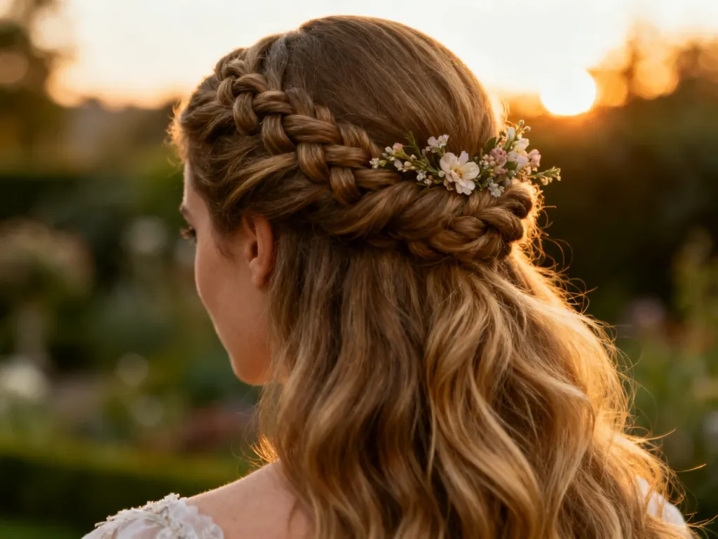 Eleganckie upięcie z długich włosów ozdobione delikatnymi kwiatami w scenerii ogrodu o zachodzie słońca.