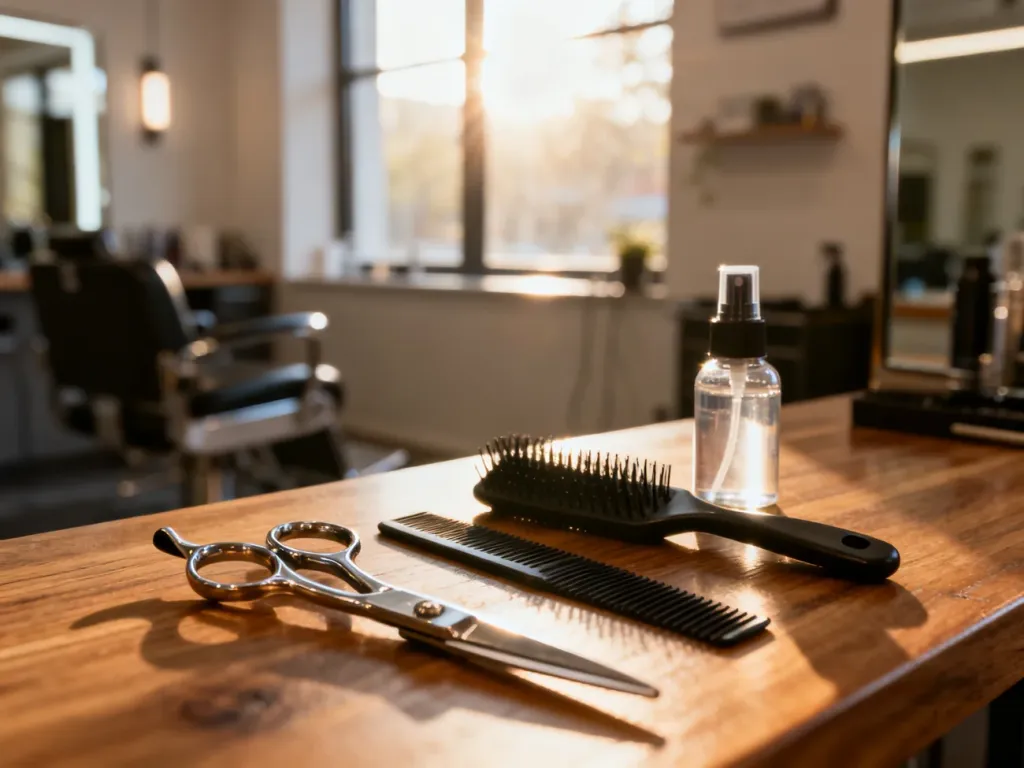 Profesjonalny zestaw fryzjerski z nożyczkami i grzebieniem na drewnianym stole w nowoczesnym salonie barberskim.