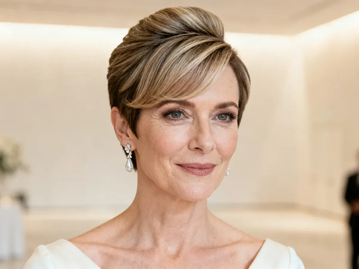 Odświętna fryzura pixie cut z teksturą i grzywką na bok