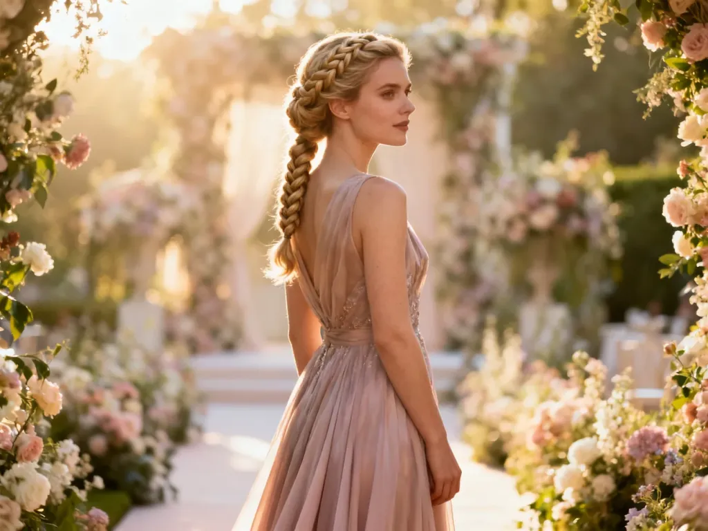 Eleganckie upięcie z warkoczem u kobiety w wieczorowej sukni, idealne jako inspiracja fryzury na wesele w ogrodzie.