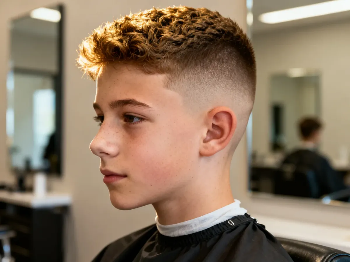 Nastolatek z odważną fryzurą high skin fade i teksturowaną górą
