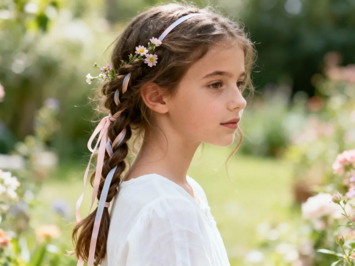 Luźny boho warkocz dziewczynki z pastelową wstążką i drobnymi kwiatami