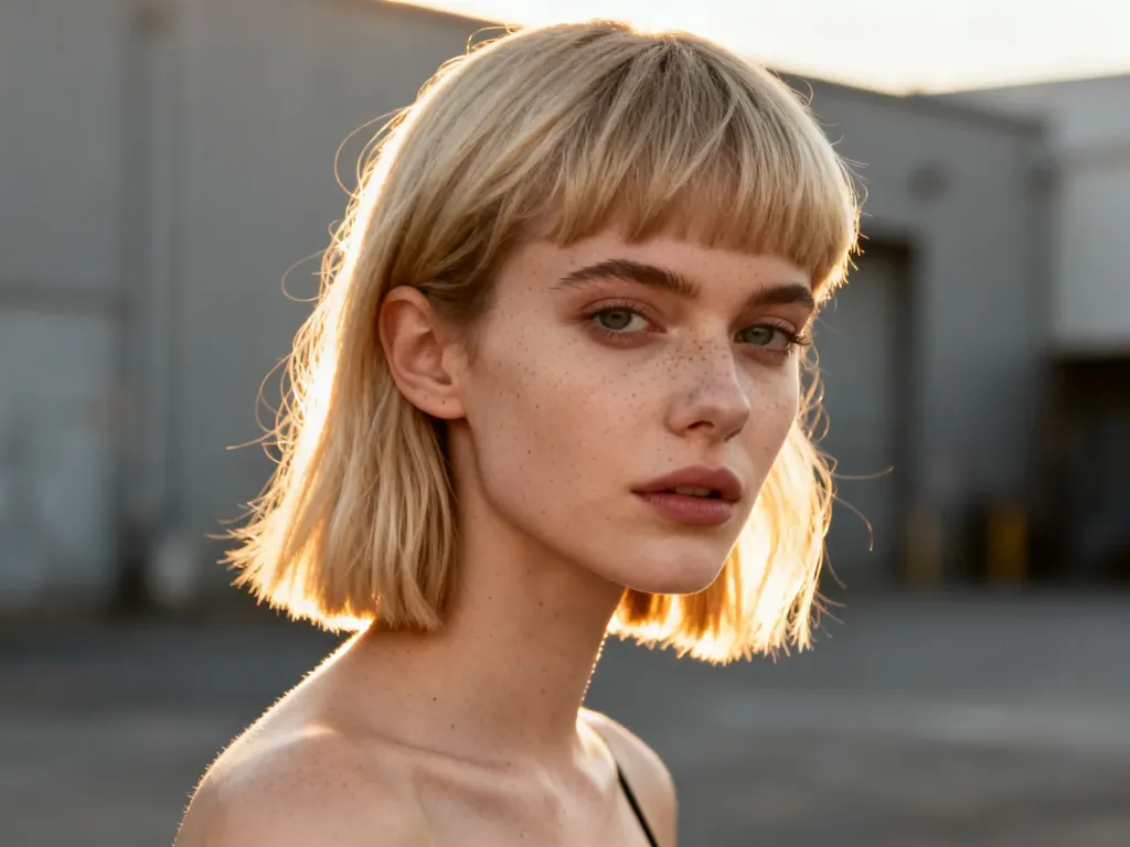 Kobieta z nowoczesną fryzurą typu mullet w jasnym blondzie, pozująca w słonecznym, minimalistycznym studiu.