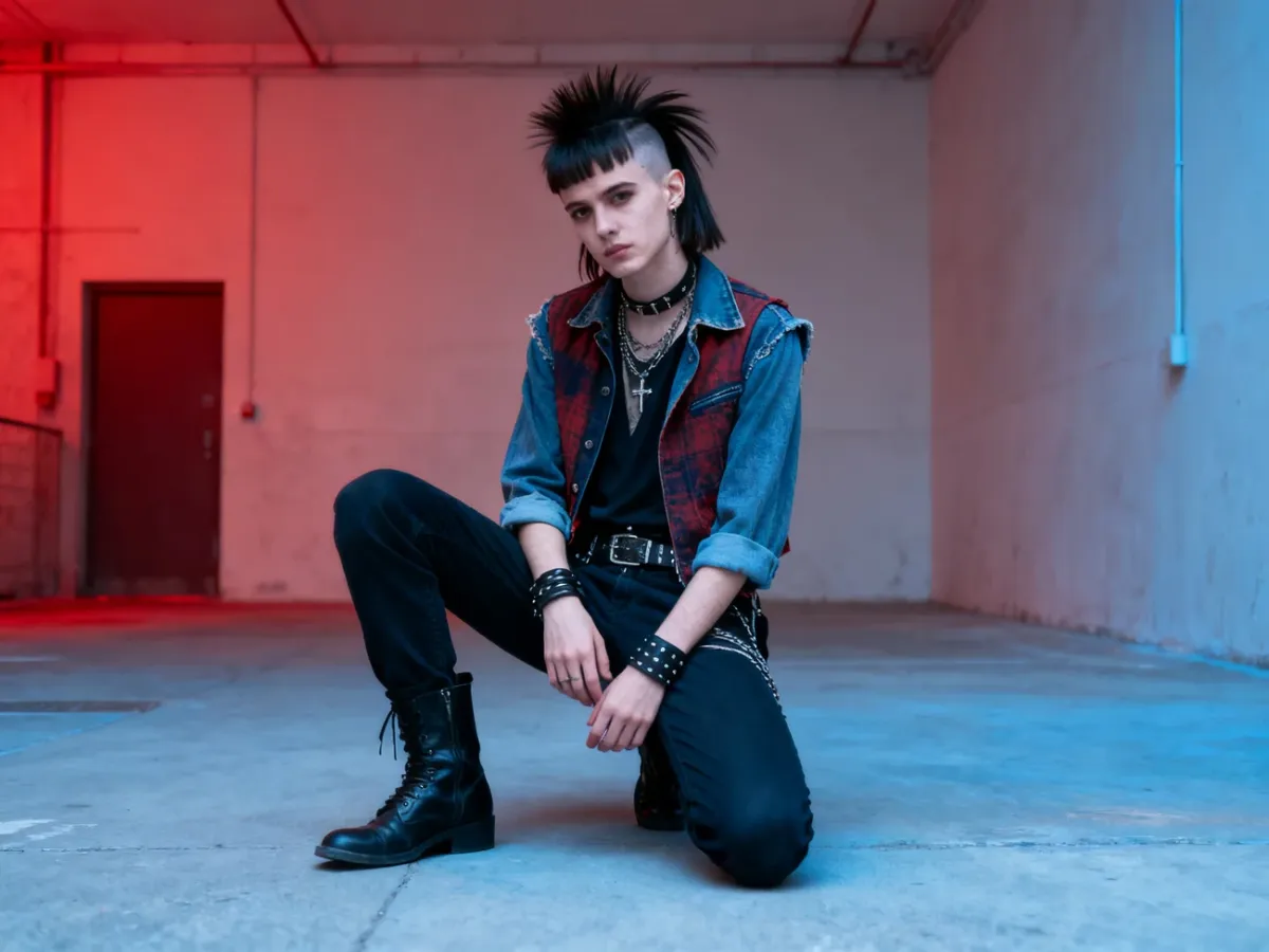Osoba w wyrazistej fryzurze mullet i stylizacji inspirowanej rockiem