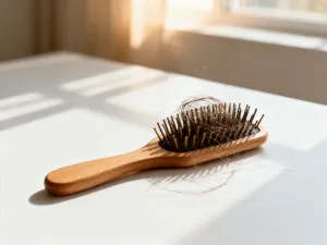 Zbliżenie na zdrowe, lśniące pasmo falowanych włosów w miękkim świetle, podkreślające ich naturalną strukturę.