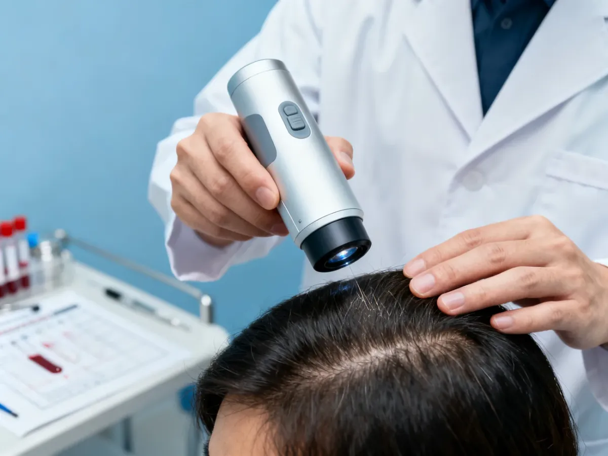 Dermatolog bada skórę głowy i włosy pacjenta podczas konsultacji