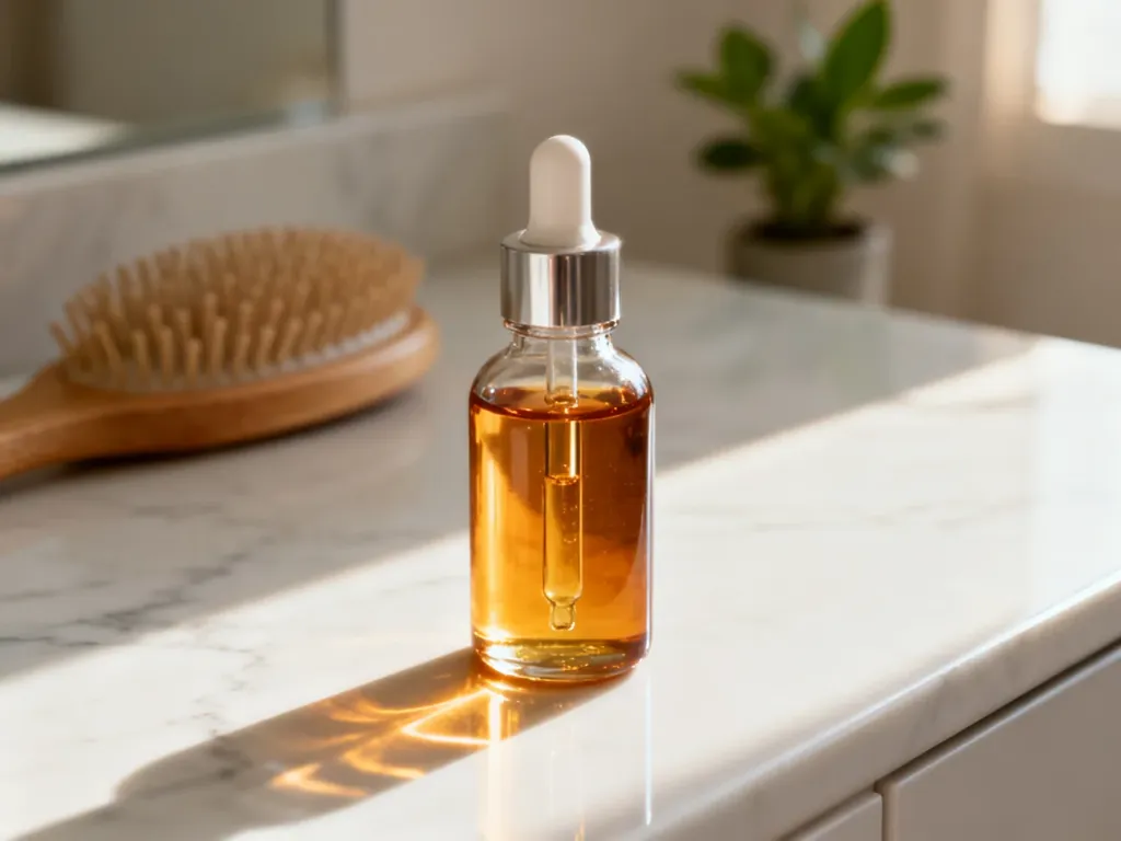 Szklana buteleczka z serum do włosów na marmurowym blacie, podkreślająca pielęgnacyjny charakter produktu.