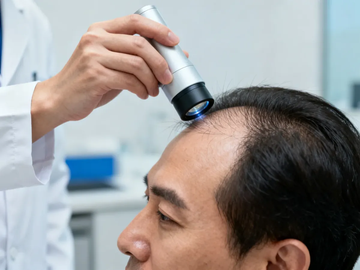 Dermatolog bada skórę głowy pacjentki przy użyciu trychoskopu