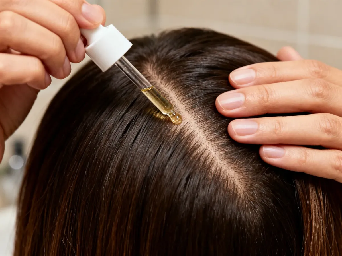 Aplikowanie serum pipetą bezpośrednio na skórę głowy i delikatny masaż