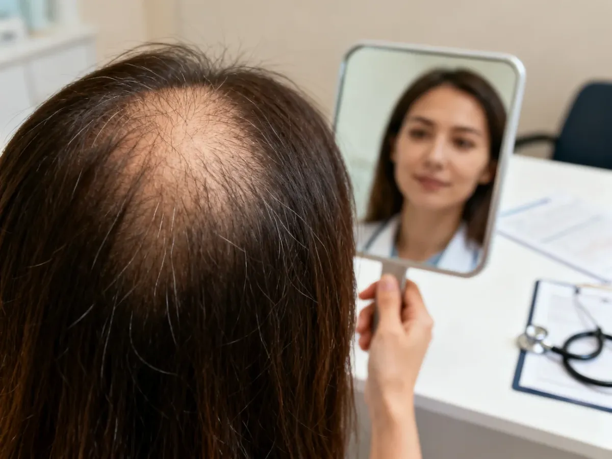 Kobieta oglądająca przerzedzone włosy podczas konsultacji dermatologicznej