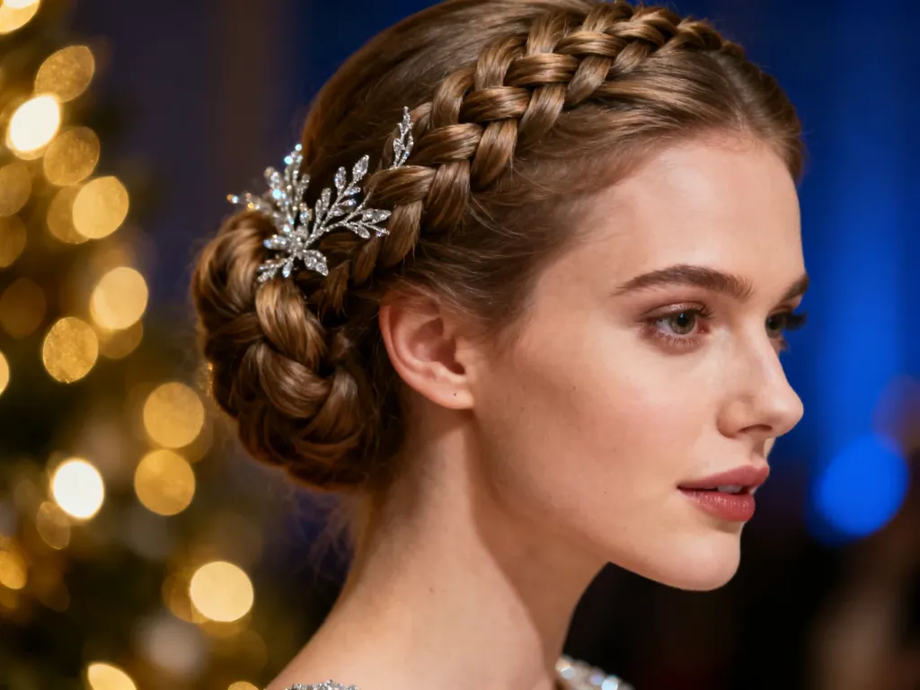 Eleganckie upięcie z warkoczem ozdobione srebrnymi akcesoriami, idealne na sylwestrową stylizację.