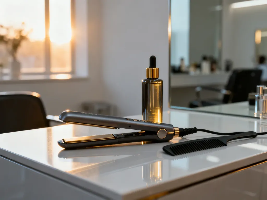 Profesjonalna prostownica, serum i grzebień na toaletce, przygotowane do stylizacji włosów w salonie piękności.