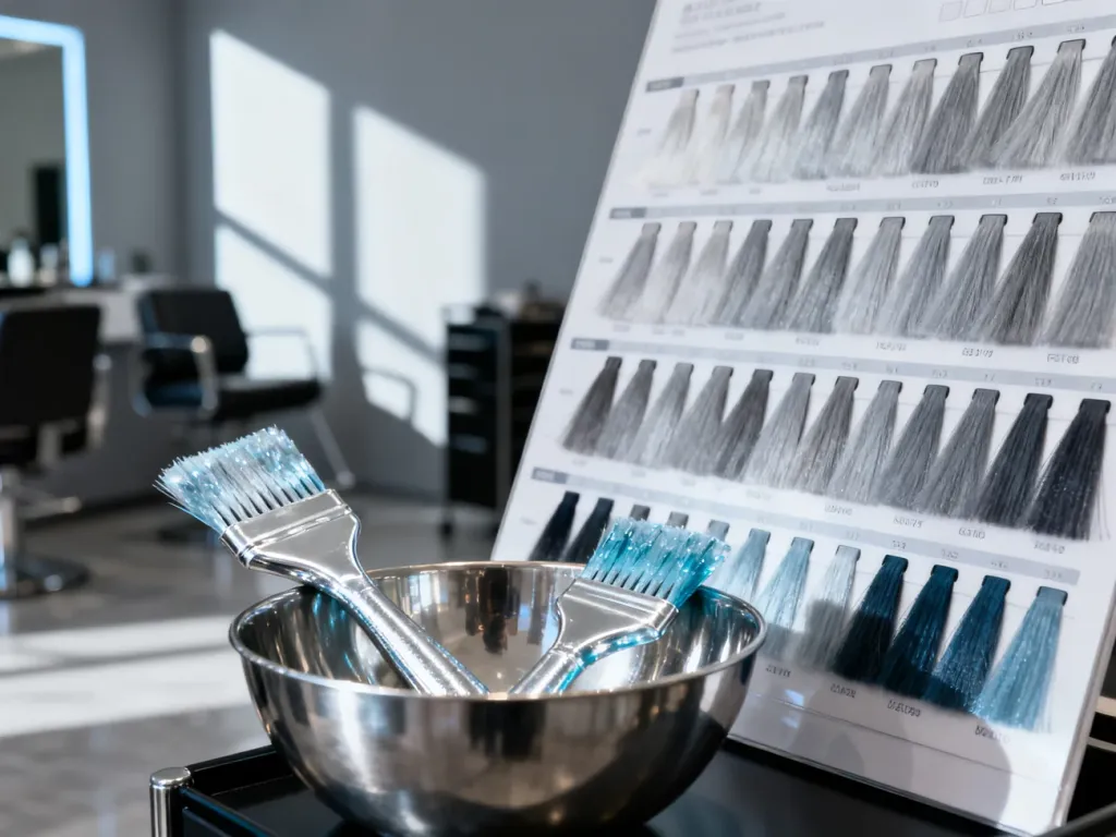 Paleta próbek włosów w chłodnych, popielatych odcieniach oraz profesjonalne akcesoria fryzjerskie w nowoczesnym salonie.