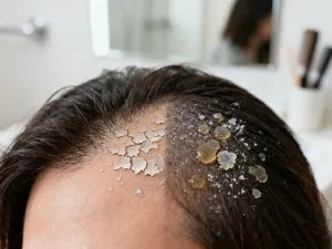Szampon dermatologiczny, ręcznik i grzebień na łazienkowej półce, symbolizujące skuteczną walkę z łupieżem.