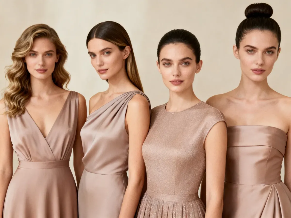 Modelki w eleganckich sukienkach z fryzurami dopasowanymi do różnych dekoltów