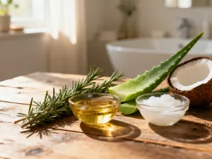 Miska z naturalnym peelingiem do skóry głowy i drewniana szczotka na marmurowym blacie w jasnej łazience.