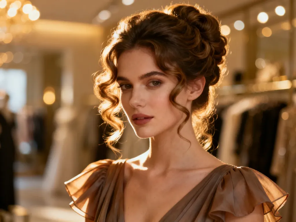Eleganckie upięcie z romantycznymi lokami, idealnie dopełniające stylizację z rozkloszowaną sukienką.