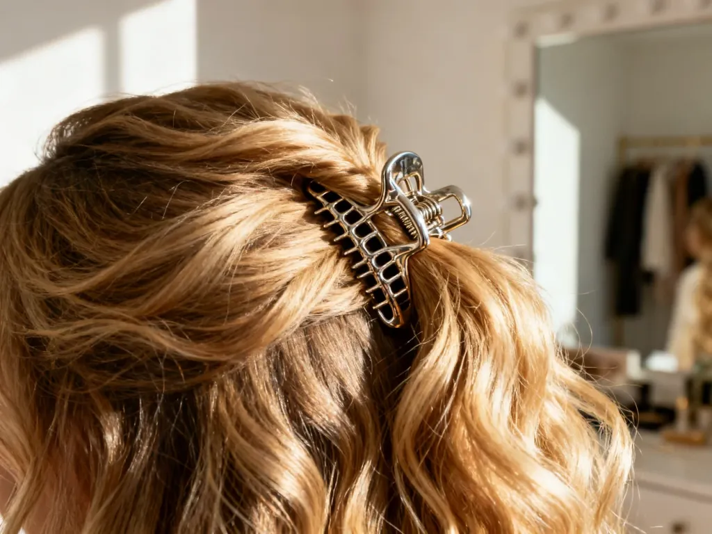 Elegancka metalowa klamra podtrzymująca pasmo gęstych, falowanych blond włosów w słonecznym, przytulnym wnętrzu.