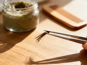 Słoiczek z pastą do stylizacji włosów oraz drewniany grzebień na marmurowym blacie w nowoczesnej łazience.
