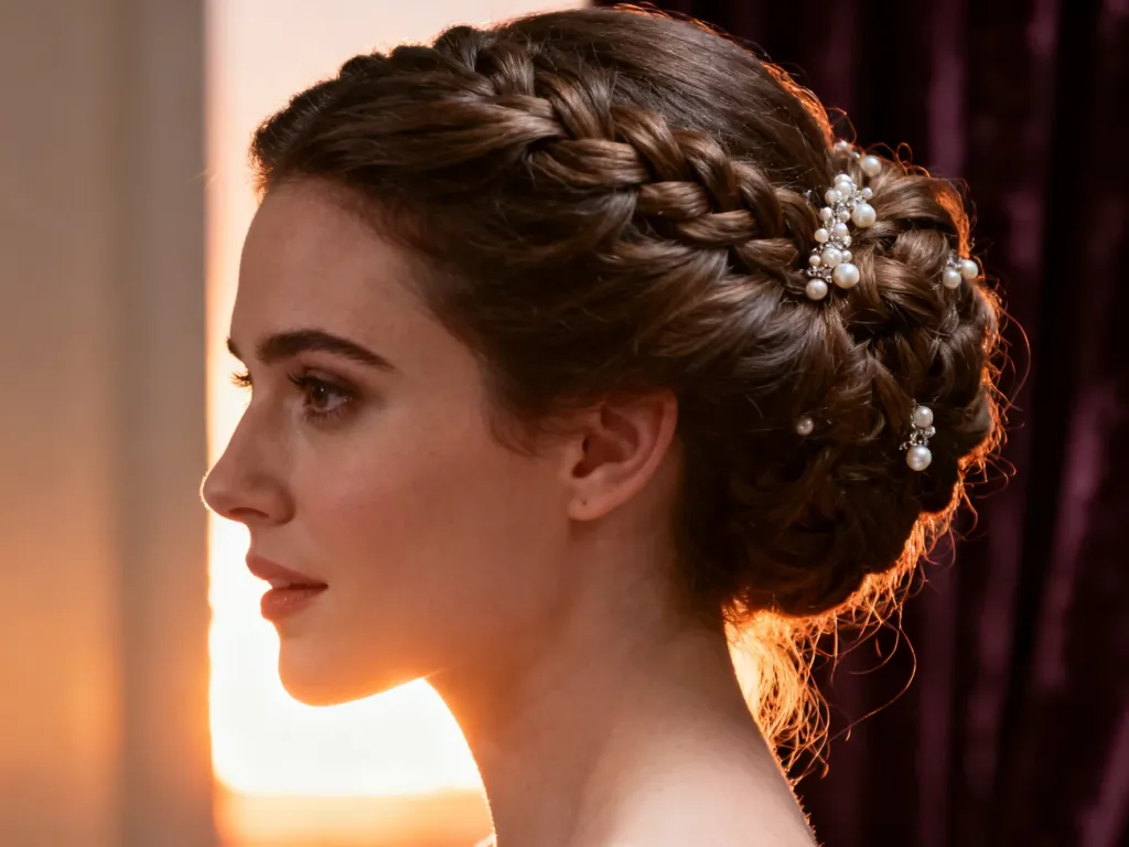 Eleganckie upięcie z warkoczem i perłowymi ozdobami, idealne na studniówkę. Fryzura w stylu glamour z miękkim oświetleniem.