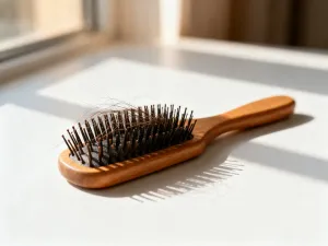 Piankowe papiloty leżące na drewnianej toaletce w słonecznej łazience, gotowe do stylizacji włosów.