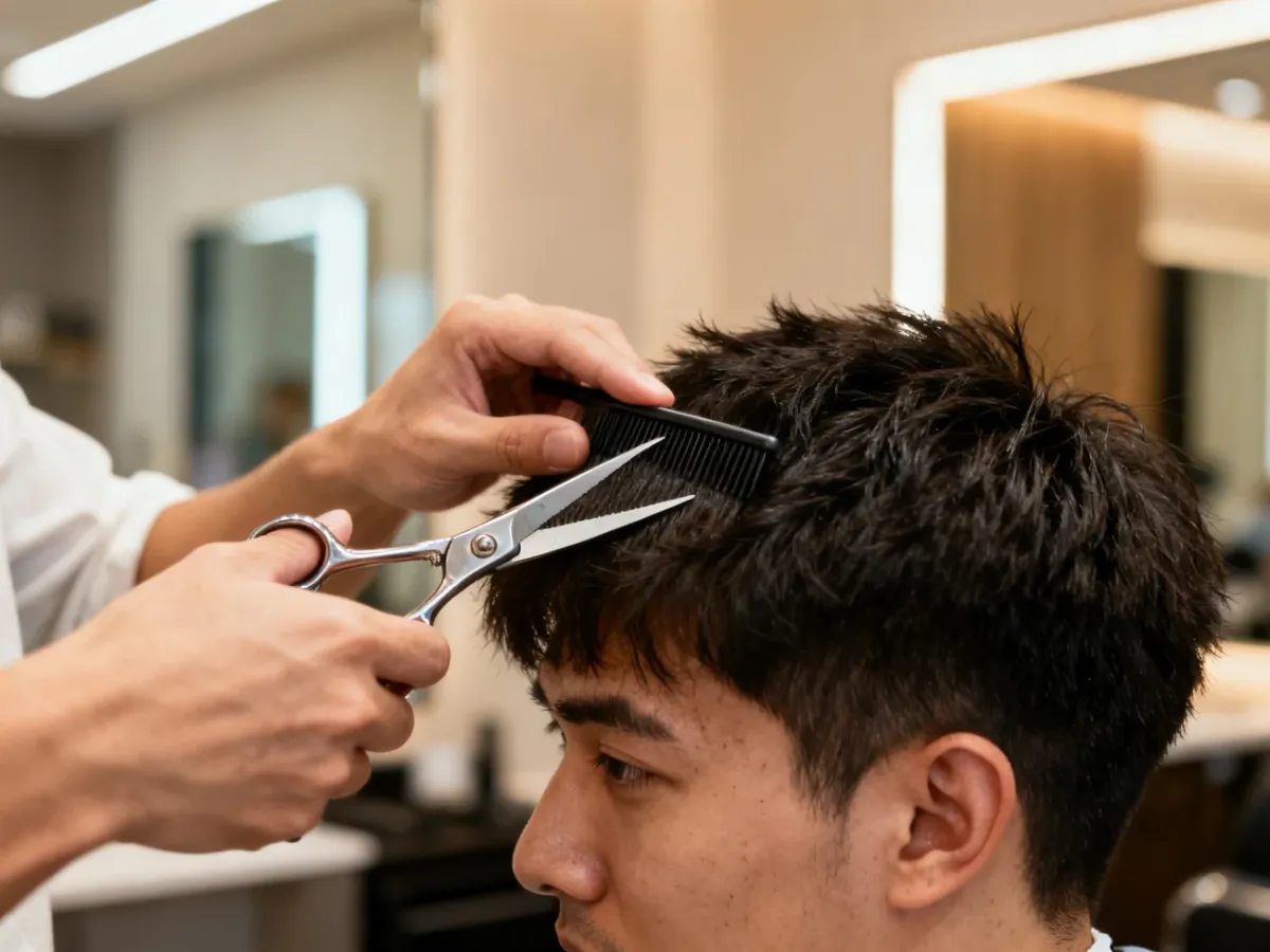 Barber cieniujący i przerzedzający gęste, sztywne włosy mężczyzny