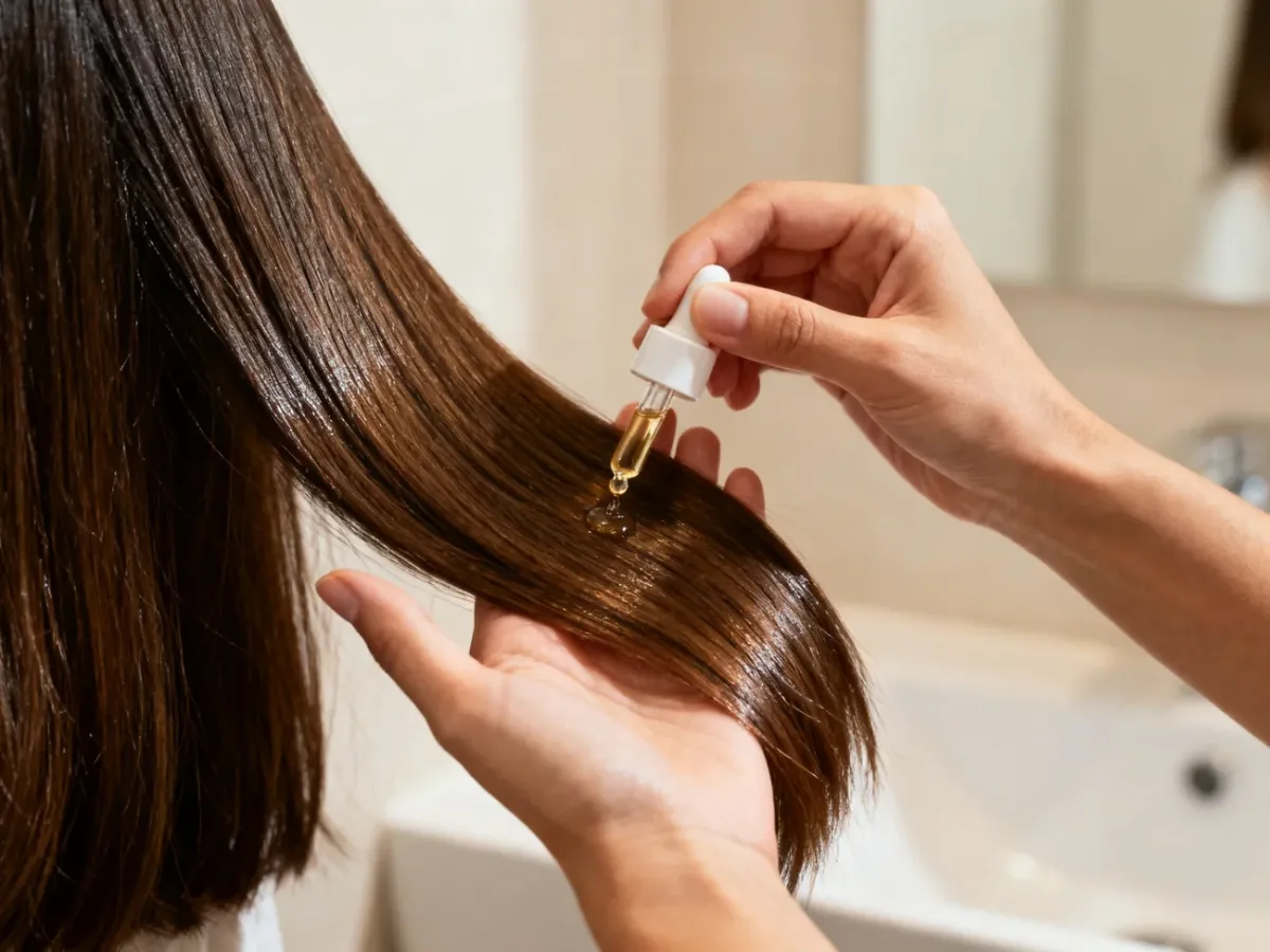 A person applying hair serum to the lengths and ends of their hair