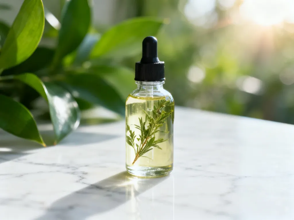 Szklana buteleczka z ziołowym serum do włosów na marmurowym blacie w otoczeniu roślin, podkreślająca naturalną pielęgnację.
