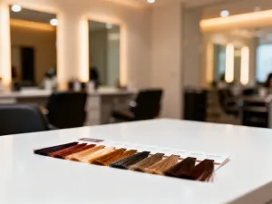 Stylowa fryzura typu bob na głowie manekina w minimalistycznym salonie fryzjerskim.