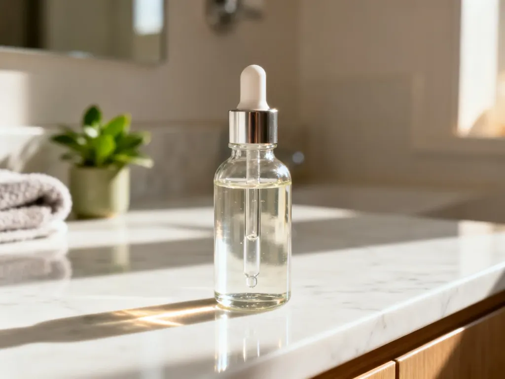 Szklana butelka z serum do skóry głowy na marmurowym blacie w słonecznej łazience.