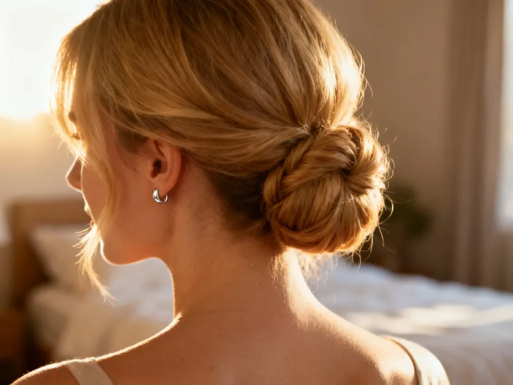 Eleganckie upięcie włosów do ramion prezentowane na blond włosach w ciepłym, słonecznym świetle.