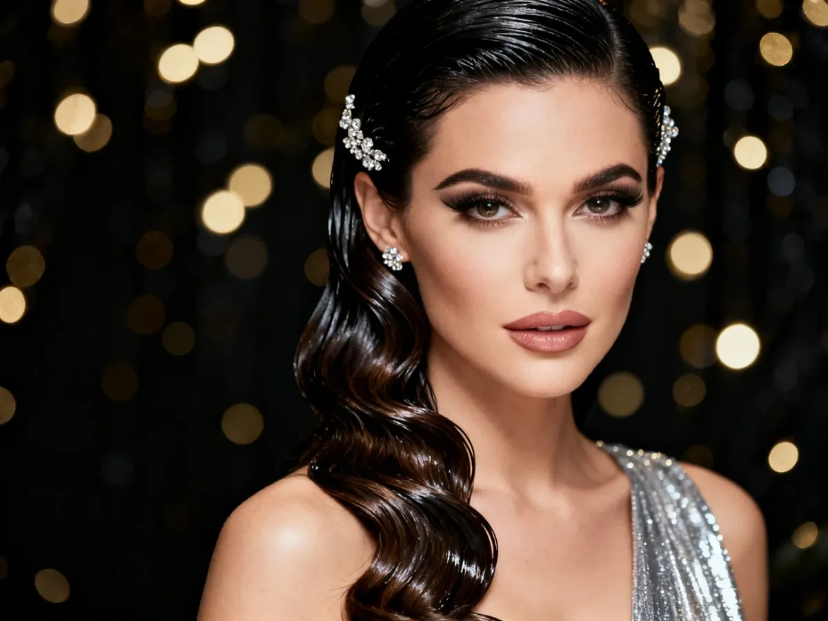 Eleganckie sylwestrowe fryzury z falami Hollywood i efektem wet look