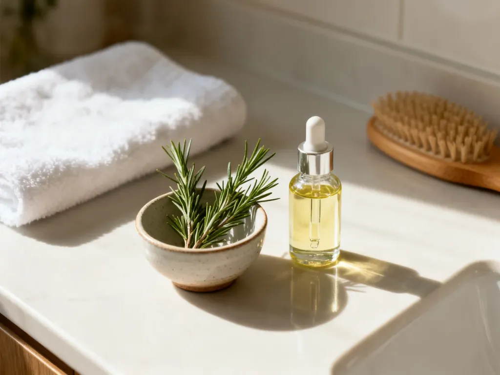 Gałązki rozmarynu i naturalny olejek w minimalistycznej łazience, podkreślające domowe sposoby na walkę z łupieżem.