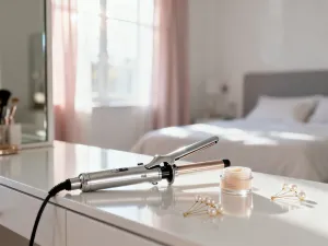Kobieta wieczorem delikatnie wiąże jedwabną chustę na włosach, obok leży jedwabna poszewka – rytuał ochrony włosów przed snem.