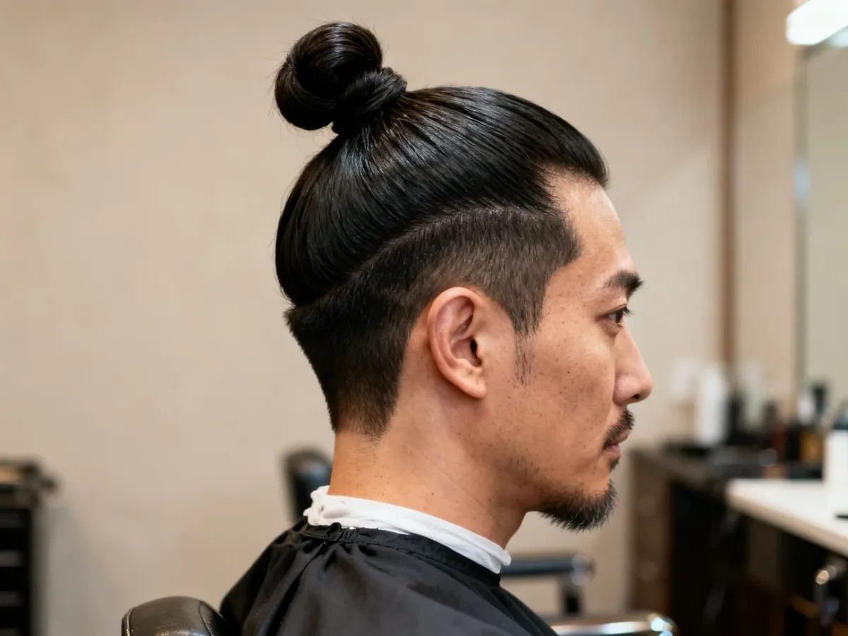 Mężczyzna z zadbaną fryzurą top knot i krótszymi bokami