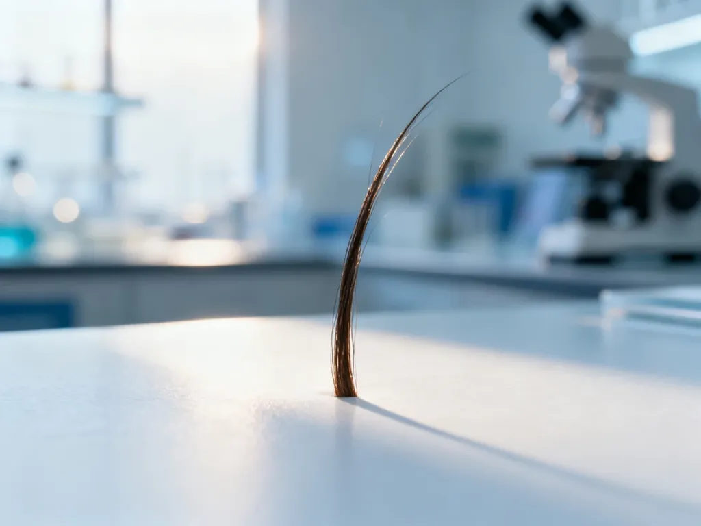 Zbliżenie na zdrowy mieszek włosowy na sterylnym, klinicznym tle, podkreślające strukturę włosa.