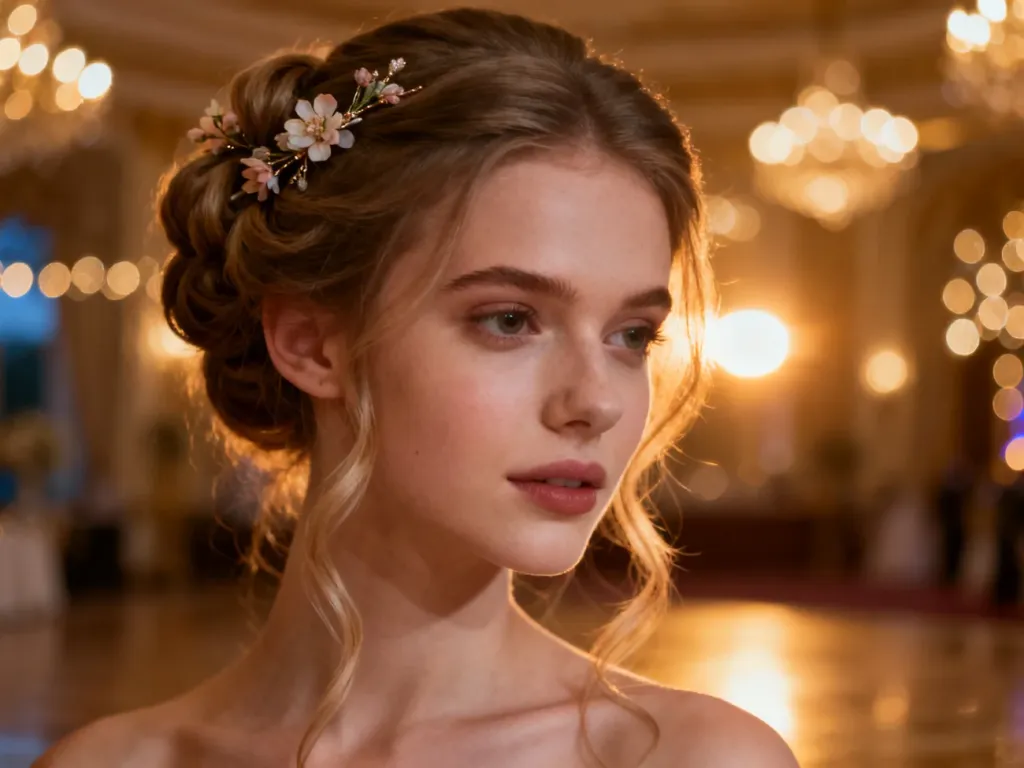 Eleganckie upięcie z delikatnymi kwiatowymi ozdobami, idealne na bal. Fryzura z luźnymi pasmami w blasku wieczornych świateł.
