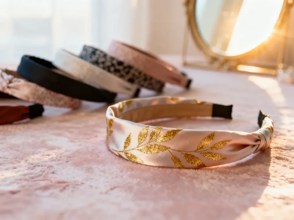 Eleganckie opaski do włosów z materiału ułożone na pastelowym tle, w tym model z jedwabiu ze złotym wzorem.
