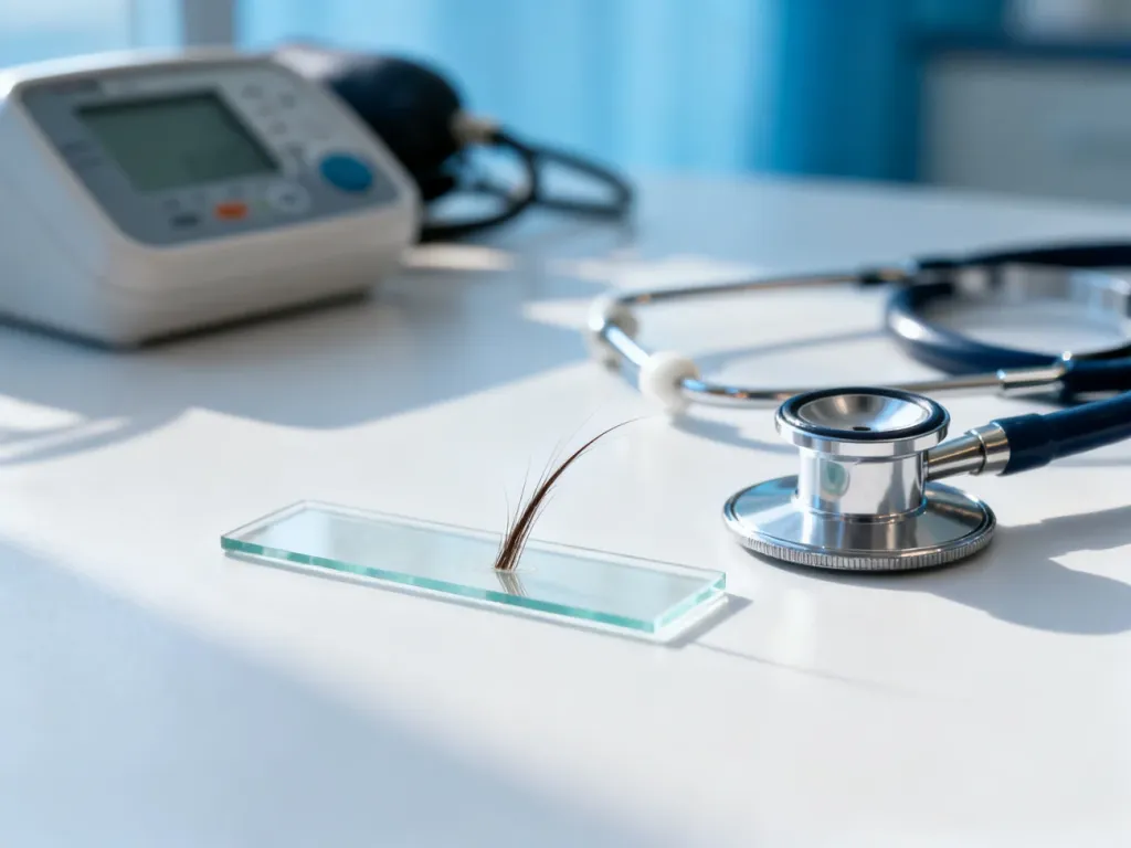 Szkiełko laboratoryjne z włosem oraz stetoskop na tle gabinetu lekarskiego, symbolizujące diagnostykę wypadania włosów.