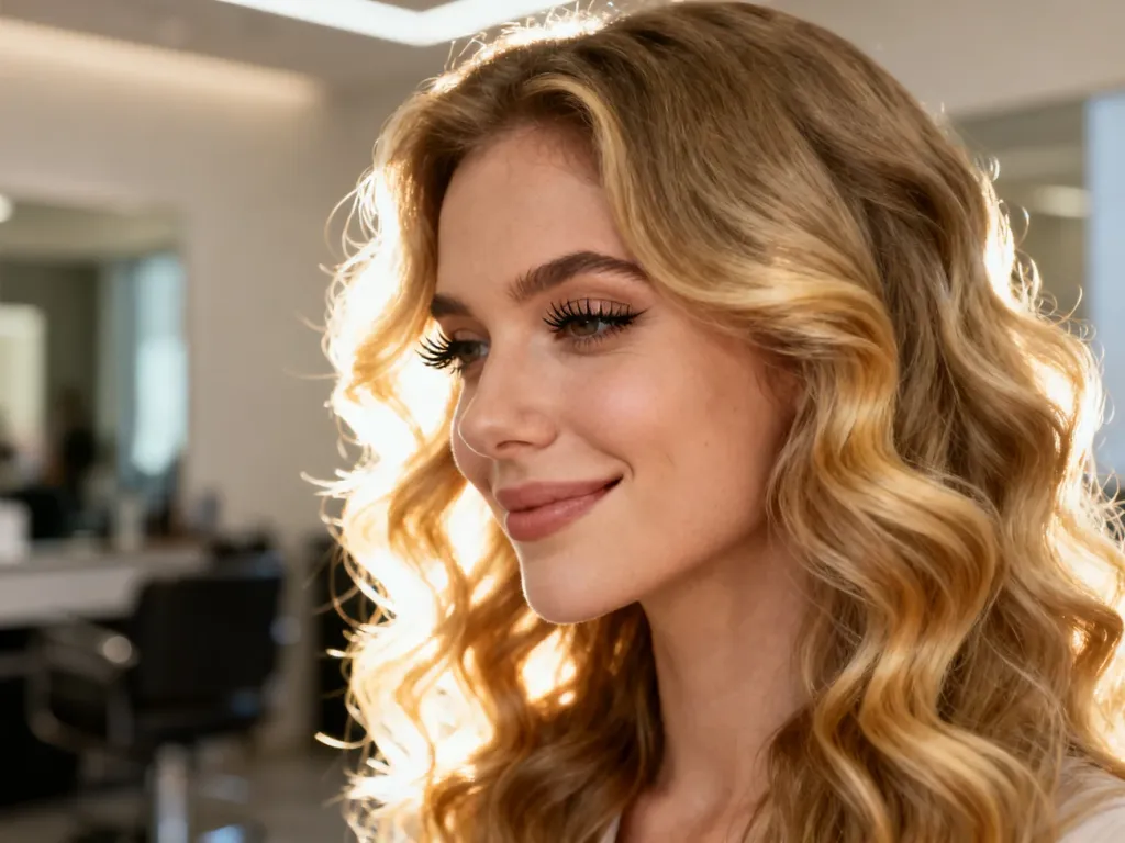 Kobieta z długimi, blond lokami o dużej objętości, prezentująca efekt końcowy stylizacji włosów w salonie fryzjerskim.