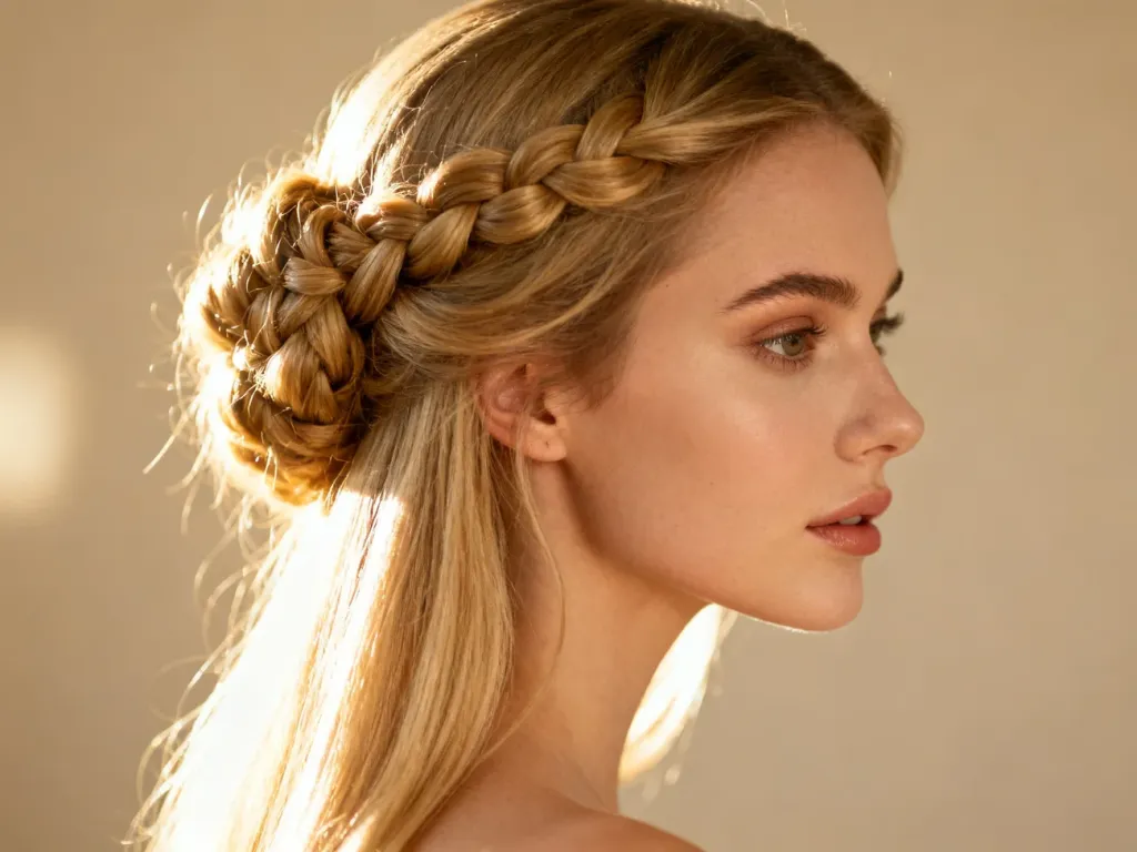 Eleganckie upięcie z długich blond włosów z misternym warkoczem, idealne jako inspiracja na szybką i modną fryzurę.