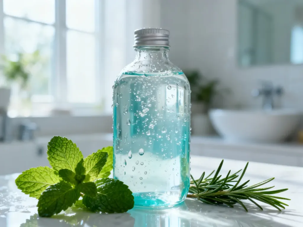 Szklana butelka szamponu z miętą i rozmarynem w jasnej łazience, podkreślająca naturalną pielęgnację włosów.