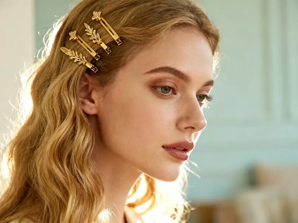 Elegancka fryzura z długich, blond włosów ozdobiona złotymi spinkami w świetle poranka.