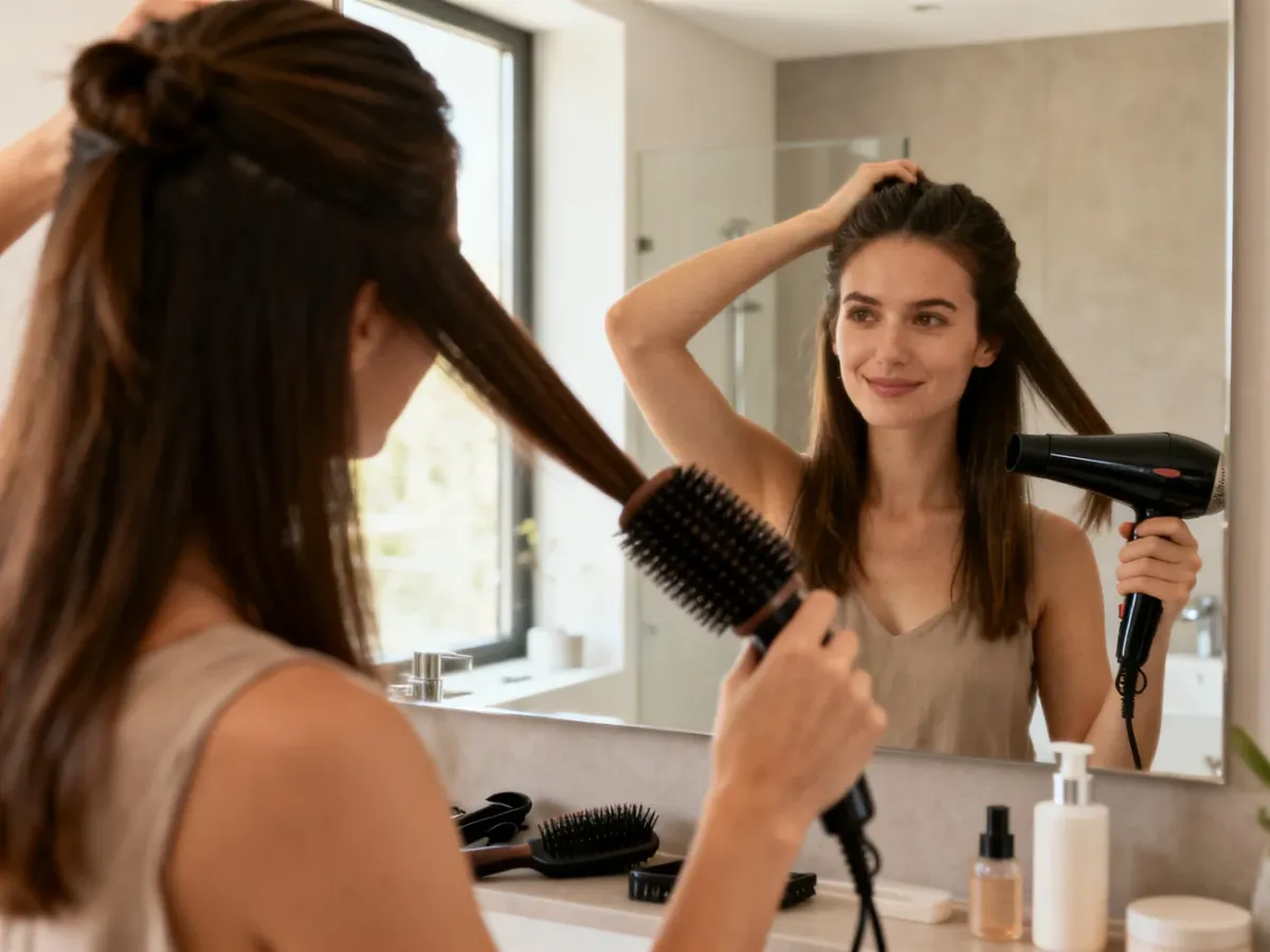Kobieta susząca i modelująca włosy w domu za pomocą suszarki i okrągłej szczotki