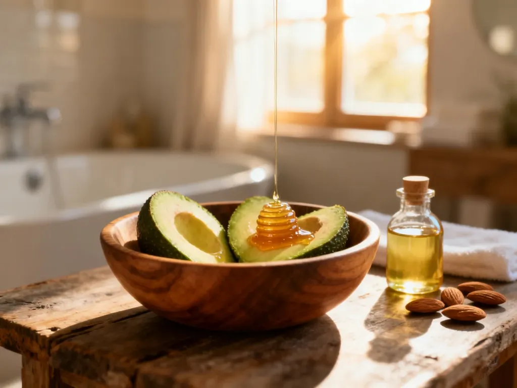 Miska z awokado, miodem i olejkiem migdałowym jako naturalne składniki do domowej pielęgnacji przesuszonych włosów.