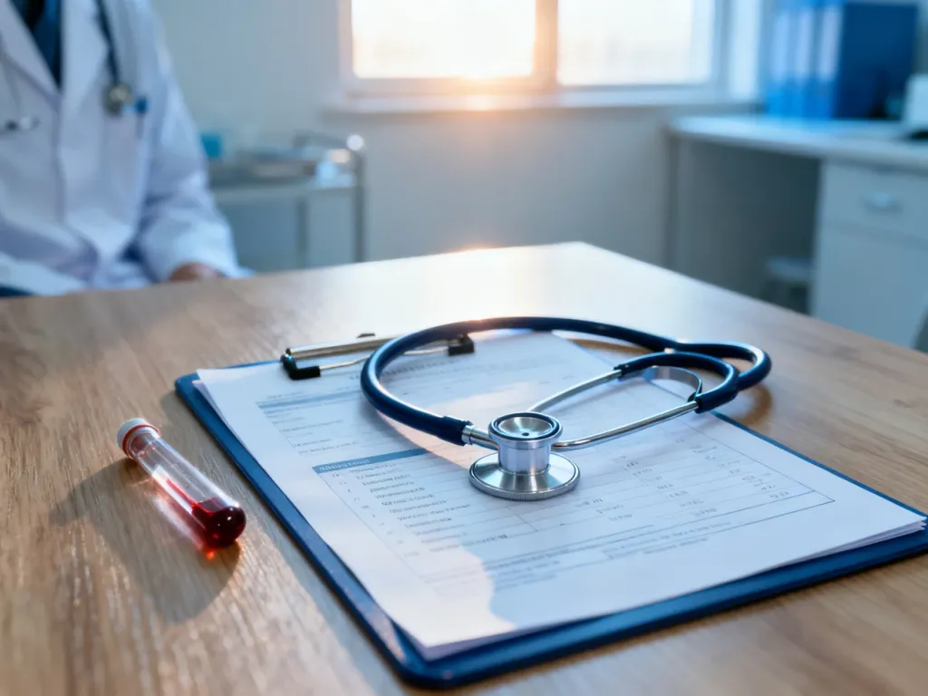 Wyniki badań krwi, stetoskop i probówka na biurku lekarskim, symbolizujące diagnostykę przyczyn wypadania włosów.