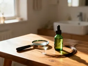 Miska z naturalnym peelingiem do skóry głowy i drewniana szczotka na marmurowym blacie w jasnej łazience.